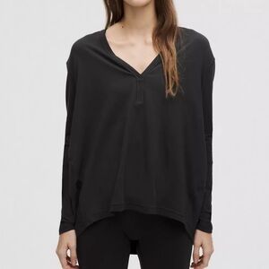 LULULEMON Back In Action V Neck Long Sleeve Top Black Approx 12 Pima Cotton Boxy